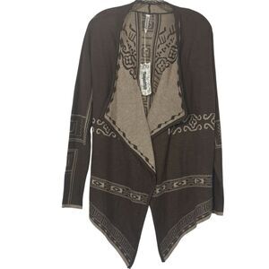 Monoreno Geometric Print Draped Waterfall Open Front Cardigan Brown Cream NWT